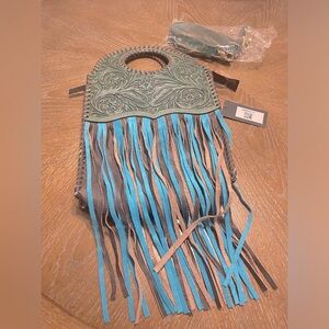 American Darling Toole turquoise & brown clutch w/ shoulder strap and fringe NWT